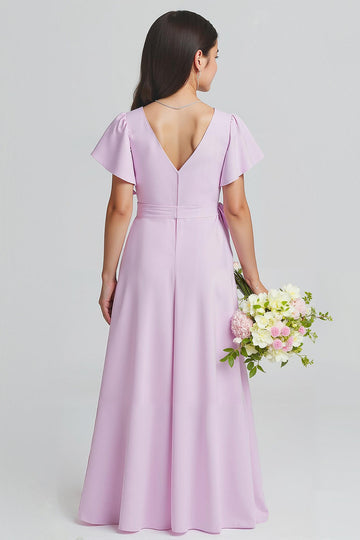 Violet V-Neck A-ligne Mousseline de soie Manches courtes Longue Robe de demoiselle d’honneur Junior